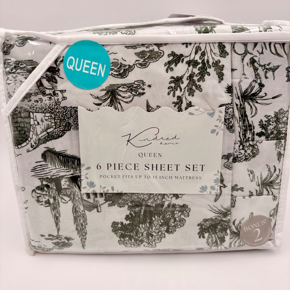 Kindred Home Queen 6 Piece Sheet Set Green White Toile Pastoral Frog Bird NEW